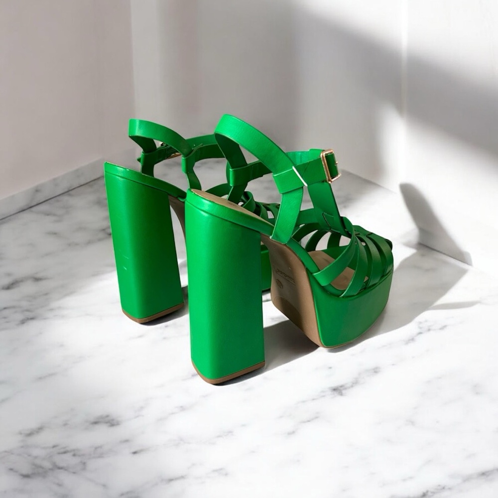 Green Strappy Caged Chunky Heel Women's Sandals Sz 7.5 Brand New - Picture 4 of 6